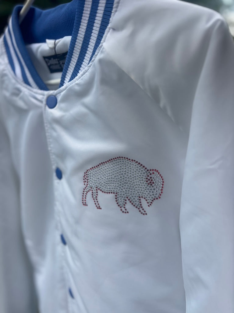 Custom Rhinestone "Buffalo Whiteout" Allen Fan Varsity Jacket