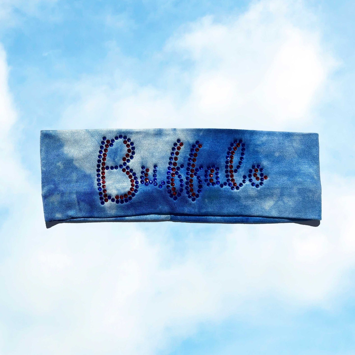 Blue Tie-Dye Buffalo Bling Script Head Wrap