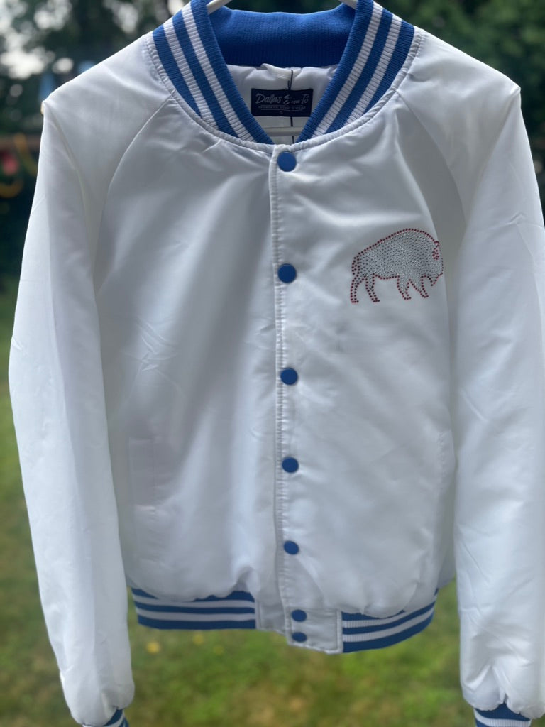 Custom Rhinestone "Buffalo Whiteout" Allen Fan Varsity Jacket