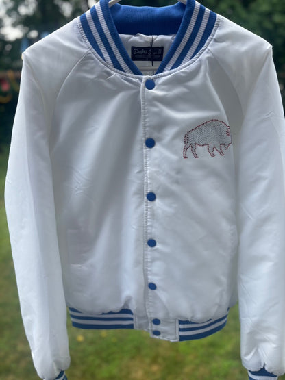 Custom Rhinestone "Buffalo Whiteout" Allen Fan Varsity Jacket