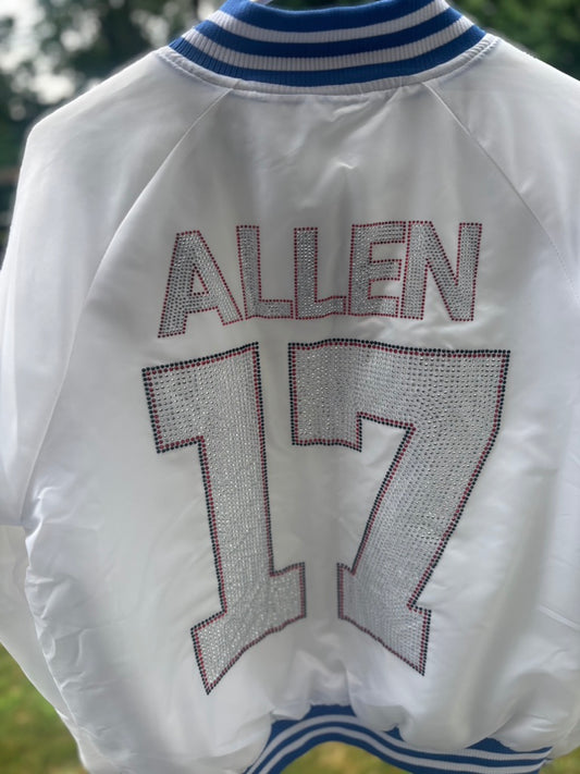 Custom Rhinestone "Buffalo Whiteout" Allen Fan Varsity Jacket