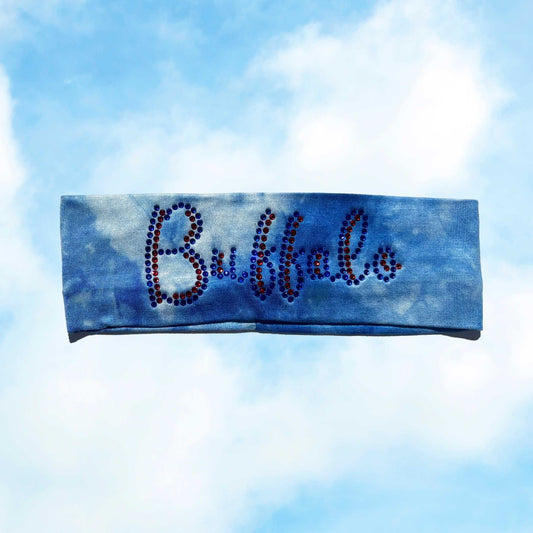 Blue Tie-Dye Buffalo Bling Script Head Wrap