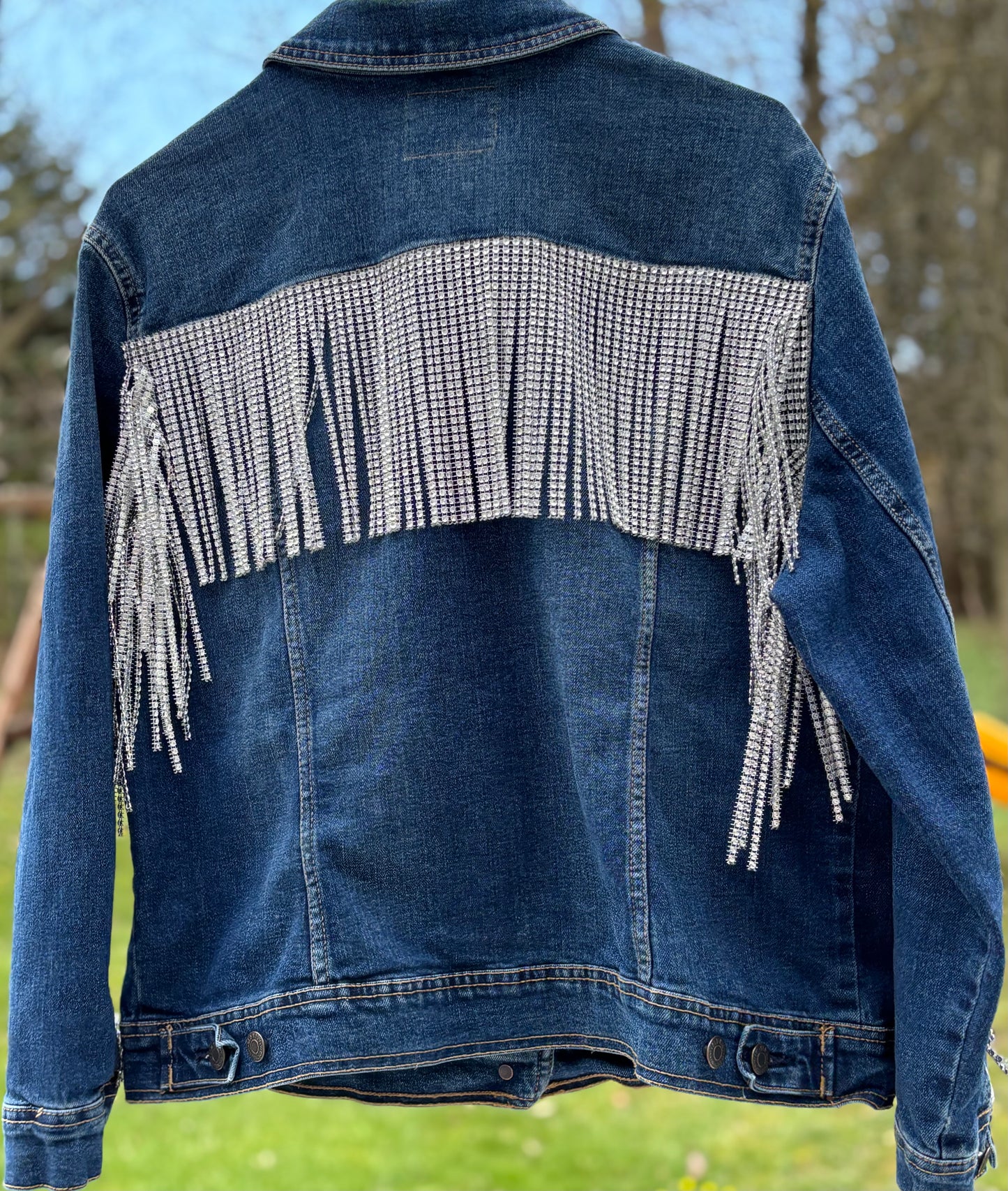 Adult Rhinestone Fringe Dark Denim Jacket