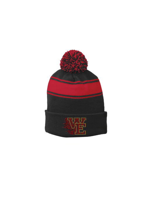 BLING Rhinestone Williamsville East flames logo Sport-Tek Stripe Pom Pom Beanie